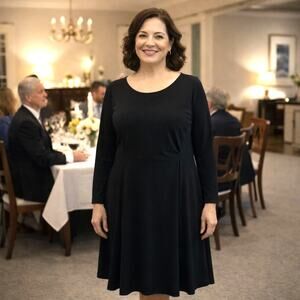 Dennis Basso Black Caviar Crepe Dress Size 16 Black Fit & Flare Long Sleeve Midi